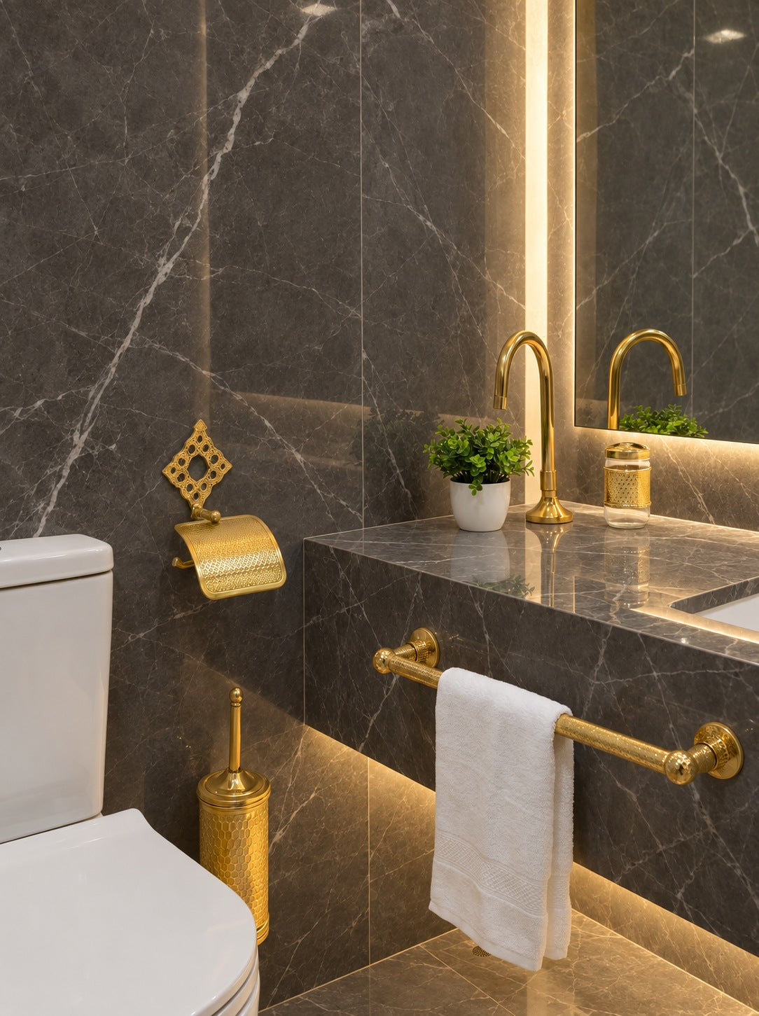5-Piece Luxury Moroccan Brass Bathroom Set Gooseneck Tap • Towel Ring • Toilet Roll Holder • Engraved Toilet Brush Holder • Brass Toothbrush Holder (Copy).rf1