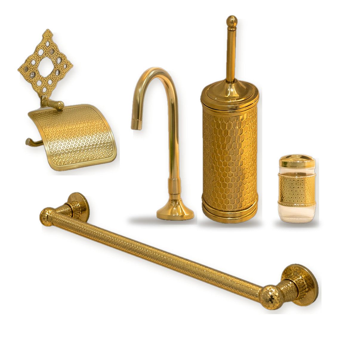 5-Piece Luxury Moroccan Brass Bathroom Set Gooseneck Tap • Towel Ring • Toilet Roll Holder • Engraved Toilet Brush Holder • Brass Toothbrush Holder (Copy).rf1