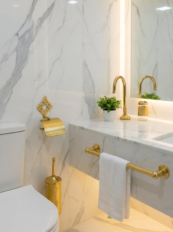 5-Piece Luxury Moroccan Brass Bathroom Set Gooseneck Tap • Towel Ring • Toilet Roll Holder • Engraved Toilet Brush Holder • Brass Toothbrush Holder (Copy).rf1