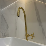 Solid Brass Gooseneck Faucet with Cross Handle & Supply Hose.