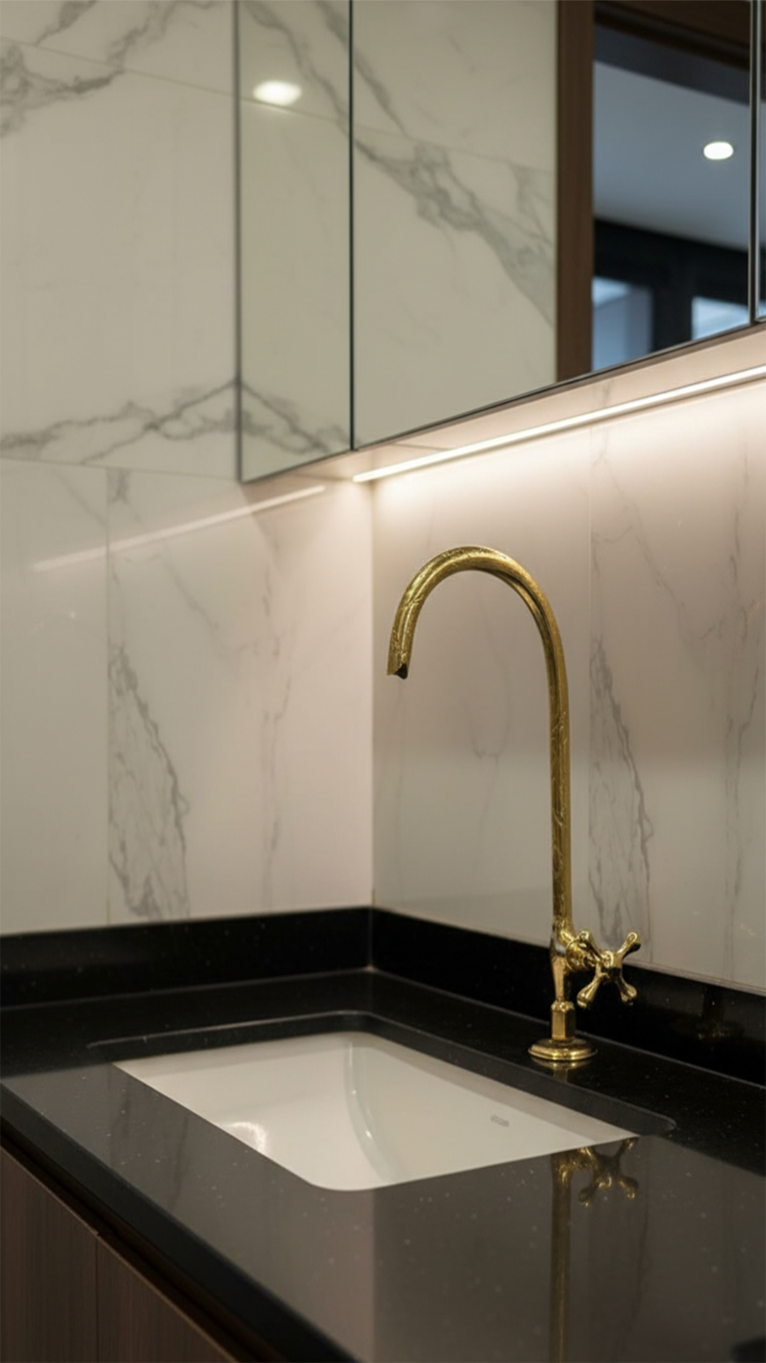 Solid Brass Gooseneck Faucet with Cross Handle & Supply Hose.