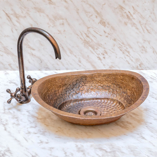 Artisanal Hand-Hammered Oval Copper Vessel Sink & High-Arc Faucet Set