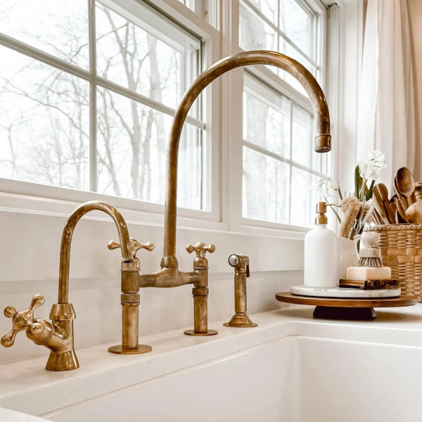 Handcrafted Unlacquered Brass Bridge Kitchen Faucet Set with Side Sprayer & Filtered Water Tap