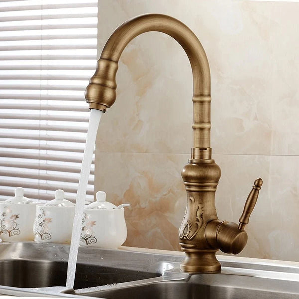 Handcrafted Antique Unlacquered Brass Kitchen Faucet with Engraved Details & Single Lever