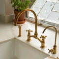 Verdeau Handcrafted Unlacquered Brass Bridge Faucet Set with Side Sprayer & Filter Tap